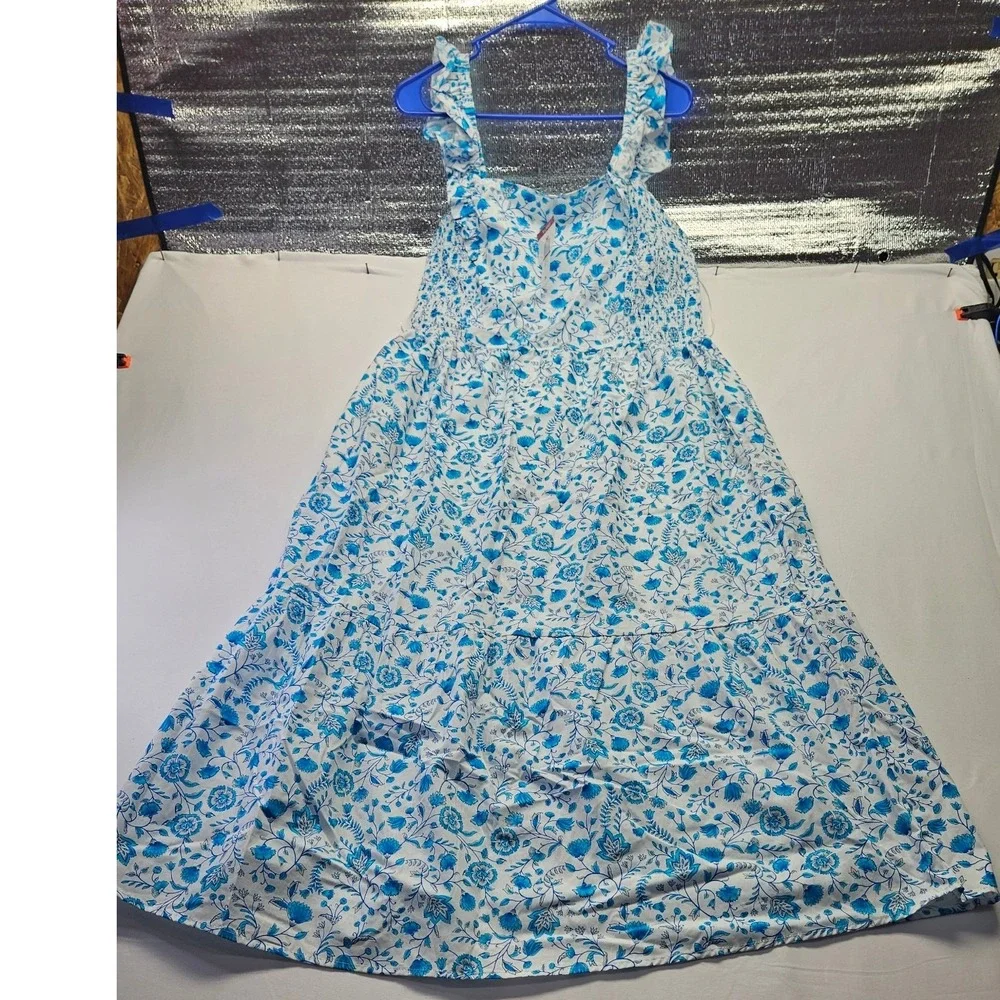 Draper James Blue White Floral Smocked Maxi Dress Ruffle Strap XL New - Picture 1 of 3